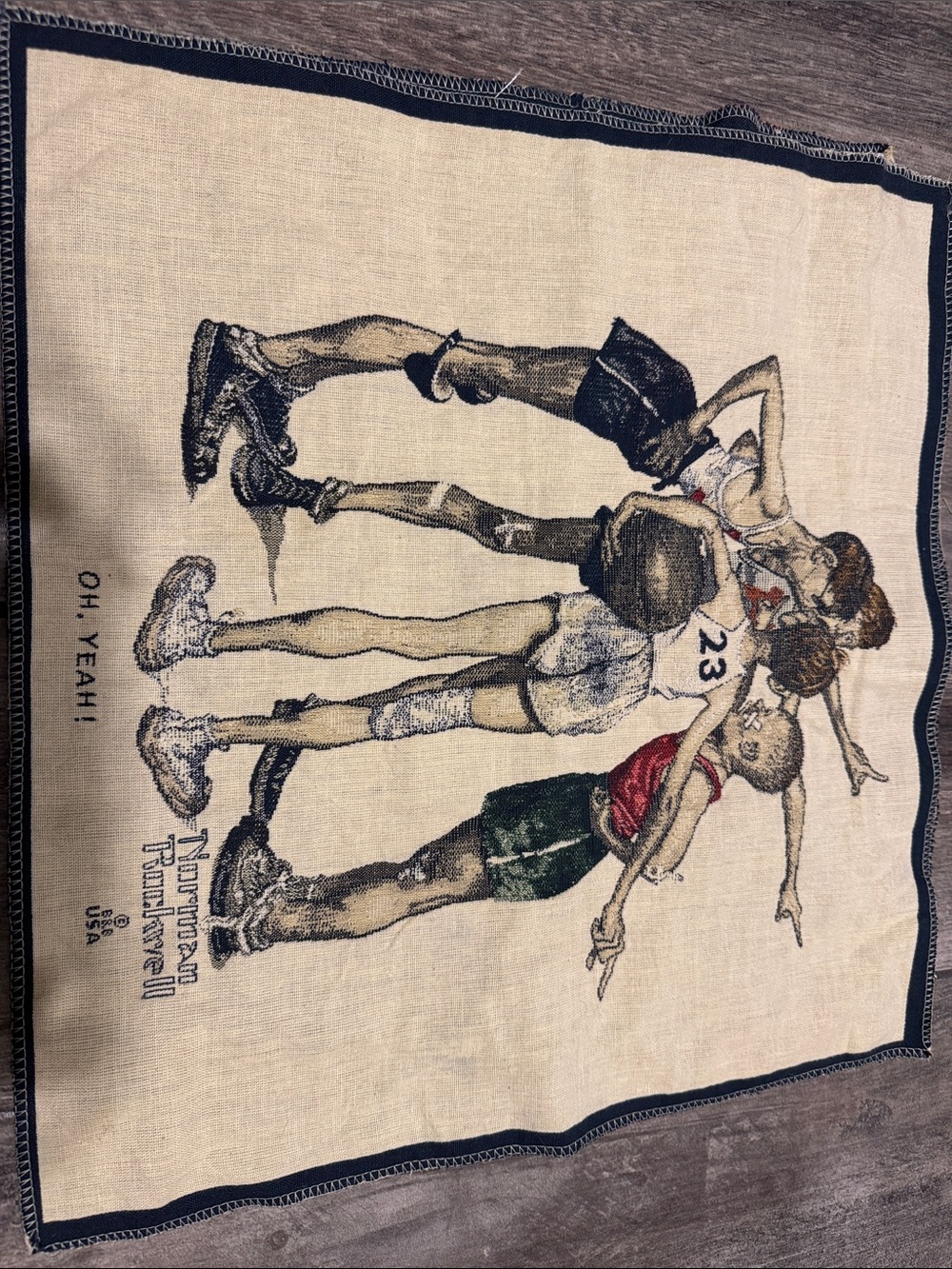 Norman Rockwell Beige Tapestry with Red Green Blue Accents